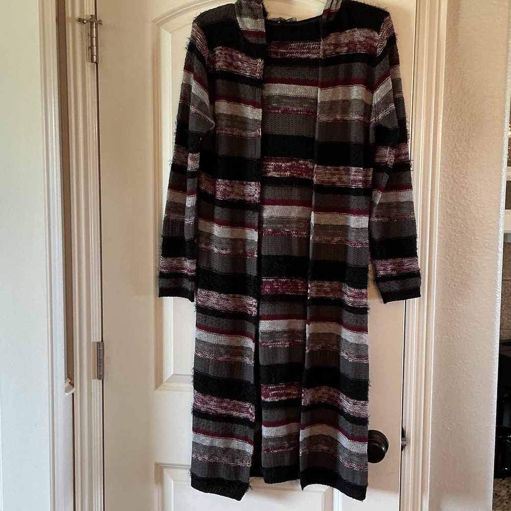 Derek Heart Long Sleeve Striped Cardigan- Black, Gray, Red Medium